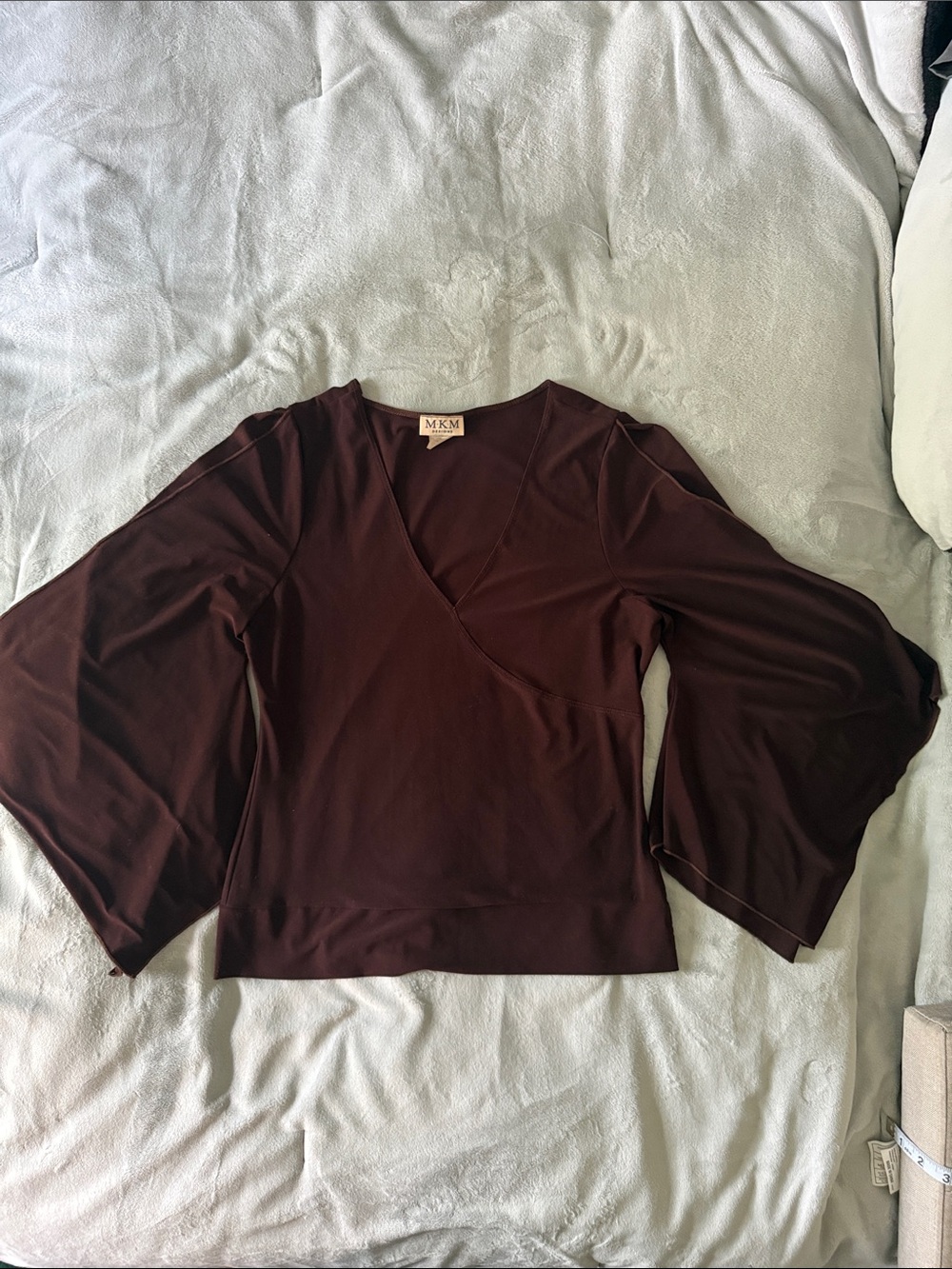 MKM Designs Brown Bell Sleeve Wrap Top Size Large Stretch V-Neck Boho